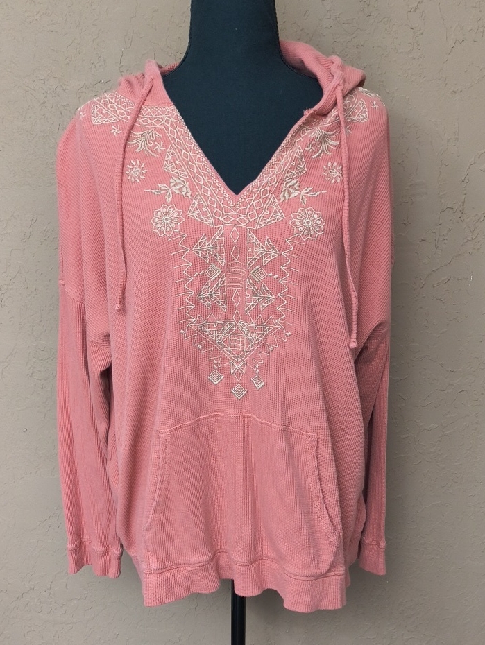 J. Jill Dusty Pink Embroidered V-Neck Hoodie Size 2x